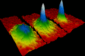 Velocity-distribution data of a gas of rubidium atoms, confirming the discovery of a new phase of matter, the Bose–Einstein condensate