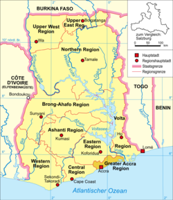 Map of Ghana showing the location of Accra.