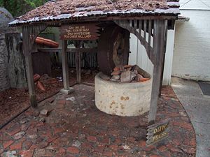 A replica of an olive press at Mission San Buenaventura.