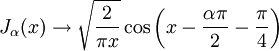 J_\alpha(x) \rightarrow \sqrt{\frac{2}{\pi x}} 
        \cos \left( x-\frac{\alpha\pi}{2} - \frac{\pi}{4} \right)