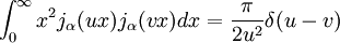 \int_0^\infty x^2 j_\alpha(ux) j_\alpha(vx) dx = \frac{\pi}{2u^2} \delta(u - v)