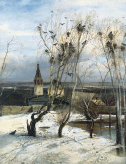 In The Rooks Have Returned (1871), a well-known painting by Alexei Savrasov, the arrival of the rooks represents an early portent of the coming spring.