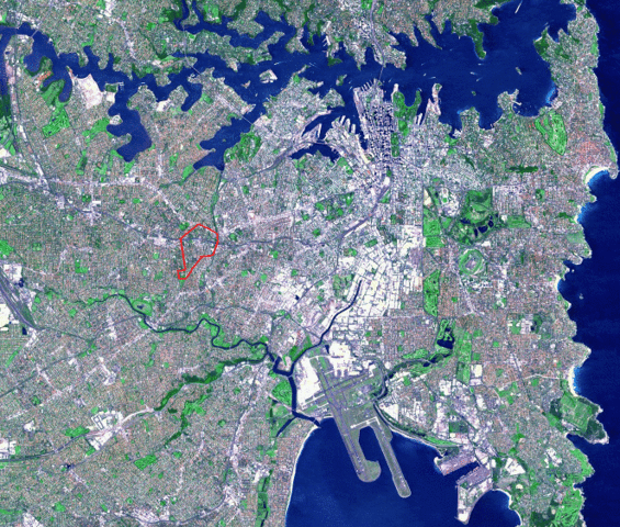 Image:NASA satellite image PIA03498 of Sydney, cropped, and modified to show Summer Hill borders.gif