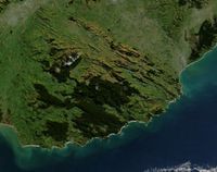 Forested areas show dark green in this satellite picture of the Catlins