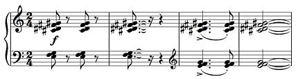 Example of piano tone clusters. The clusters in the upper staff—C♯ D♯ F♯ G♯—are four successive black keys. The last two bars, played with overlapping hands, are a more dense cluster.