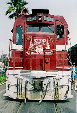 A close-up, head-on view of Santa Cruz, Big Trees and Pacific Railway #2641 as it stops at the Santa Cruz Beach Boardwalk in the summer of 1993.
