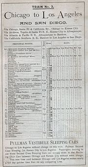 Santa Fe timetable from 1889 showing passenger train schedules between Chicago, Los Angeles and San Diego, using California Southern tracks from Barstow to Los Angeles and San Diego.