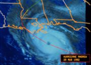 Satellite image of Hurricane Andrew approaching Louisiana