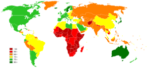 Life expectancy is below 50 years in most African countries, and below 60 years in all countries except for the Mediterranean North.