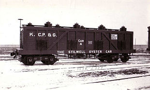 The 30-ton capacity "Stillwell Oyster Car," built by Pullman in 1897, was a wooden tank car designed by Arthur E. Stilwell for (as the name implies) transporting live oysters from Port Arthur, Texas to Kansas City, Missouri by rail.