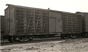 Live poultry cars such as this were set low on the wheels, which allowed for a taller body and therefore provided more cargo space. This car could hold over 5,000 chickens, 2,000 geese, or 1,400 turkeys.