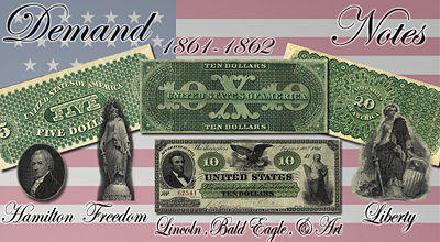 Top row: The distinctive green ink used on the backs of Demand Notes gave rise to the term "greenbacks" Bottom row: Prominent design elements used on the front of $5 and $20 Demand Notes (located respectively under their denomination); pictured in the middle is the front of a $10 Demand Note with prominent design elements listed