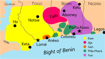 The Gbe language area. Green spots are languages of the Phla-Pherá cluster according to Capo (1988).