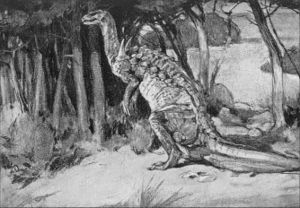 An outdated 19th century rendering of a bipedal Scelidosaurus.
