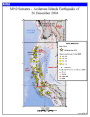 Locations of initial earthquake and all aftershocks measuring greater than 4.0 from December 26, 2004–January 10, 2005.  The site of the original quake is marked by the large star in the lower right square of the grid. (Credit: USGS)