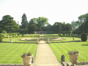 The Italian garden from the Orangery looking towards the "Lion Exedra" (a semi-circular screen)  designed by Jeffry Wyatville