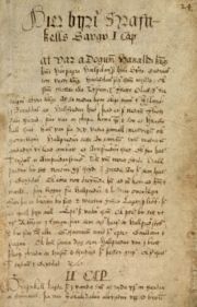 The first page of Hrafnkels saga from the Árni Magnússon Institute ÁM. 156, fol. — one of the saga's most important manuscripts, dating from the 17th century.