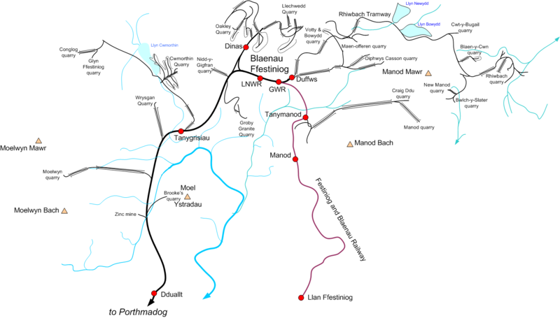 Narrow gauge quarry tramways around Blaenau Ffestiniog. Not all lines shown, not all lines existed at the same time