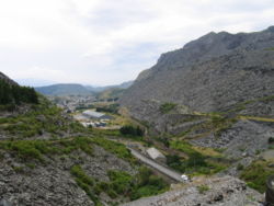 Llechwedd and Oakeley quarries seen from the north. Llechwedd is on the left, the slate tips on the right are Oakeley