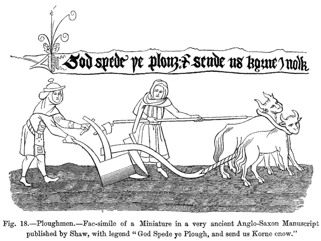 Image:Ploughmen Fac simile of a Miniature in a very ancient Anglo Saxon Manuscript published by Shaw with legend God Spede ye Plough and send us Korne enow.png