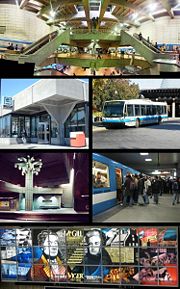 Top: Lionel-Groulx metro station. Second row: Honoré-Beaugrand metro station, a 1996 NovaBus LFS "167 Le Casino" leaving the Montreal Biosphère and heading to the Montreal Casino. Third row: Georges-Vanier metro station, Berri-UQAM metro station.  Bottom: Montreal's first two mayors, Jacques Viger and Peter McGill, in stained glass in the McGill Station of the Montreal Metro.