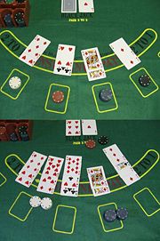 Example of a Blackjack game. The top half of the picture shows the beginning of the round, with bets placed and an initial two cards for each player.  The bottom half shows the end of the round, with the associated losses or payoffs.