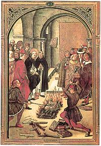 This Pedro Berruguete work of the 15th century depicts a story of Saint Dominic and the Albigensians, in which the texts of each were cast into a fire, but only Saint Dominic's proved miraculously resistant to the flames.