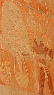 Trade with other countries was re-established; here trees transported by ship from Punt are shown being moved ashore for planting in Egypt - relief from Hatshepsut mortuary temple