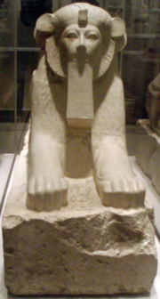 Sphinx of Hatshepsut with unusual rounded ears and ruff that stress the lioness features of the statue, but with five toes - newal post decorations from the lower ramp of her temple complex