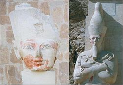 These two statues once resembled each other, however, the symbols of her pharaonic power: the Uraeus, Double Crown, and traditional false beard have been stripped from the left image; many images portraying Hatshepsut were destroyed or vandalized within decades of her death, possibly by Amenhotep II at the end of the reign of Thutmose III, while he was his co-regent, in order to assure his own rise to pharaoh and then, to claim many of her accomplishments as his