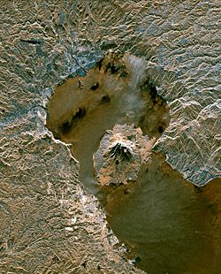 Space radar image of Sakurajima. The volcano lies within the bay formed by the Aira caldera