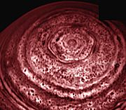 North polar hexagonal cloud feature, discovered by Voyager 1 and confirmed in 2006 by Cassini.