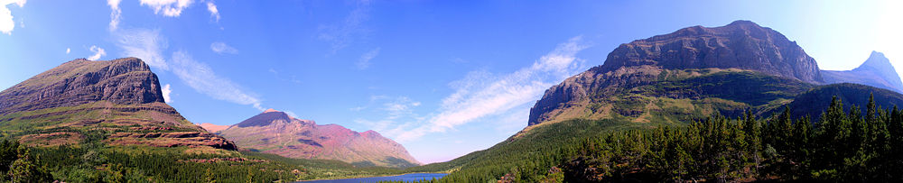 The view from the Red Rock Falls hiking trail near Many Glacier.