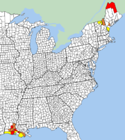 French language spread in the United States. Counties marked in yellow are those where 6–12% of the population speak French at home; brown, 12–18%; red, over 18%. French-based creole languages are not included.