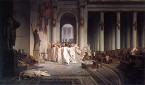 The Death of Caesar, by Jean-Léon Gérôme (1867). On March 15, 44 BC, Octavius' adoptive father Julius Caesar was assassinated by a conspiracy led by Marcus Junius Brutus and Gaius Cassius Longinus