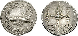 Denarius minted in 32 BC by Mark Antony, showing on one side a praetorian galley and on the reverse the standards, or aquila, of the Legio VI Ferrata raised earlier by Julius Caesar
