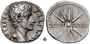 A denarius minted circa 18 BCE. Obverse: CAESAR AVGVSTVS; reverse: DIVVSIVLIV[S] (DIVINE JULIUS).
