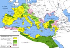 Extent of the Roman Empire under Augustus; the yellow legend represents the extent of the Empire in 31 BC, the shades of green represent gradually conquered territories under the reign of Augustus, and pink areas on the map represent client states