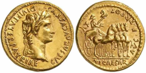 Roman aureus struck under Augustus, c. AD 13–14. The reverse shows Tiberius riding on a quadriga, celebrating the fifteenth renewal of his tribunician power. At least six potential heirs, including Agrippa and his sons, had expired or proven incapable of succeeding Augustus, before he finally settled on Tiberius in AD 9