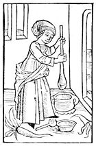 Woman churning butter; Compost et Kalendrier des Bergères, Paris, 1499.