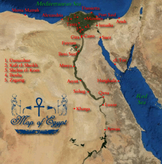 Map of Egypt, showing the 26 capitals of governorates, plus the self-governing city of Luxor (numbers label 5 capitals).