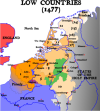 The Seventeen Provinces (orange, brown and yellow areas) and the Bishopric of Liège (green)