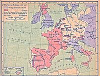 Historical map of the Western Schism: red is support for Avignon, blue for Rome