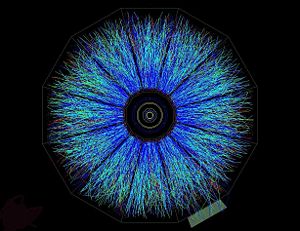 Thousands of particles explode from the collision point of two relativistic (100 GeV per ion) gold ions in the STAR detector of the Relativistic Heavy Ion Collider; an experiment done in order to investigate the properties of a quark gluon plasma such as the one thought to exist in the ultrahot first few microseconds after the big bang