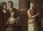 Detail from Nine Living Muses of Great Britain by Richard Samuel (1779); Barbauld is standing behind the painter, gesturing with her hand