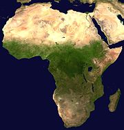 A satellite composite image of Africa reveals the more inhabitable regions of the interior.