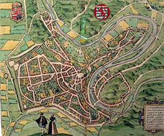 The late medieval city of Luxembourg, as painted in 1581 by Franz Hogenberg, covered the area of Ville Haute, bounded by the Alzette and Pétrusse rivers.
