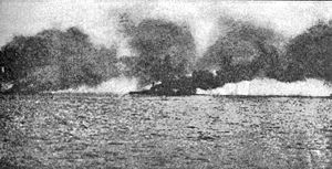 Beatty's flagship Lion burning after being hit by a salvo from Lützow