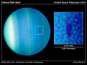 The first dark spot observed on Uranus. Image obtained by ACS on HST in 2006.