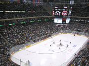 A faceoff between the University of North Dakota Fighting Sioux and the Saint Cloud State University Huskies during the WCHA Final Five at the Xcel Energy Center.